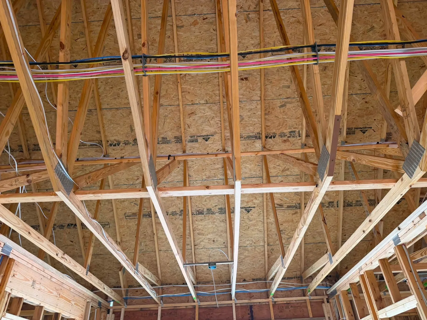 Low-voltage prewire cabling routed through the framing of a new construction home in Rocky Mount, Virginia